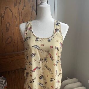 Sleeveless Silky Top with Lightning Bolts and Vintage Cars